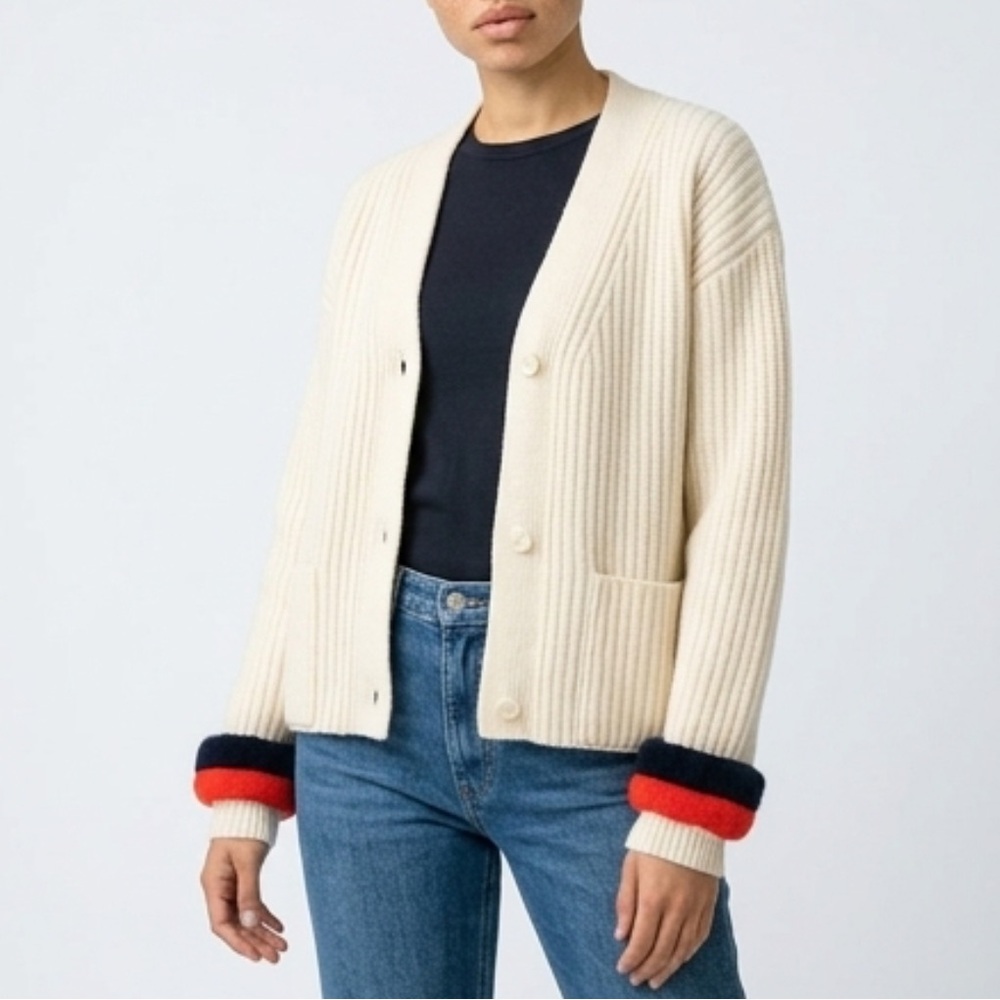 Kule‎ Sweater Cashmere Chunky Ribbed Knit Fur Trim Cardigan Sz M